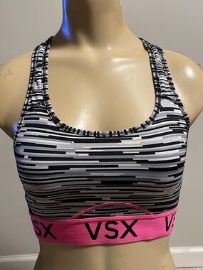 VSX Black and Pink Sports Bra with Bold Stripes